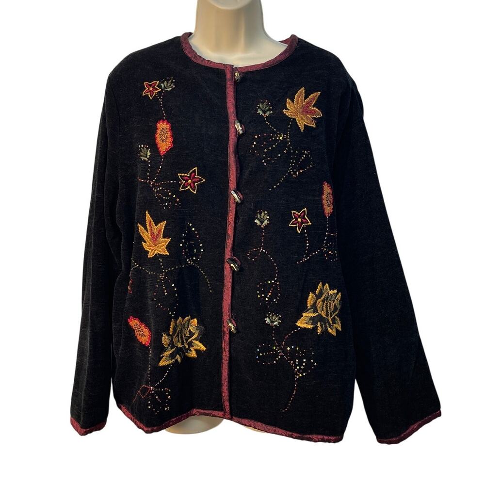White Stag Womens Black Embroidered Floral Leaf Beaded Jacket L 12/14 Vintage